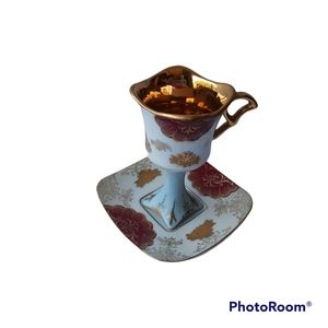 L&M Royal Halsey Very Fine Demitasse Floral Gold Trim Pedestal Square Cup Saucer